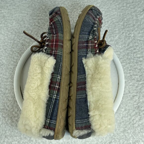 L.L. Bean Shoes Women’s 8 Blue Red Multicolor Plaid Moccasins Sherpa Slippers - Picture 6 of 7
